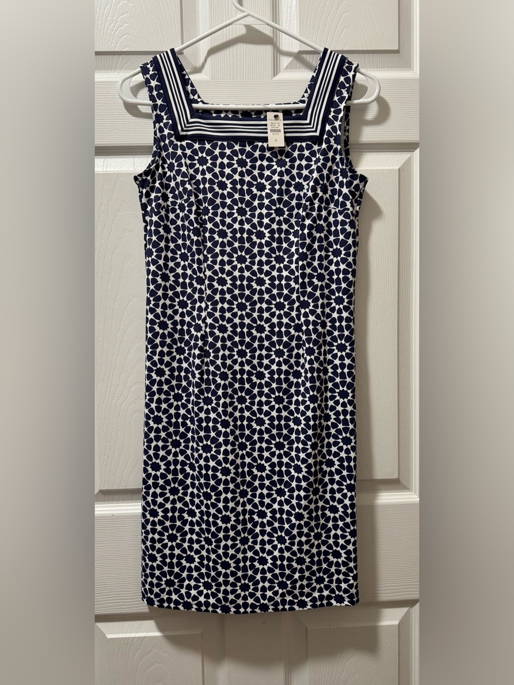 Navy and White Geometric Sheath Dress - Sleeveless